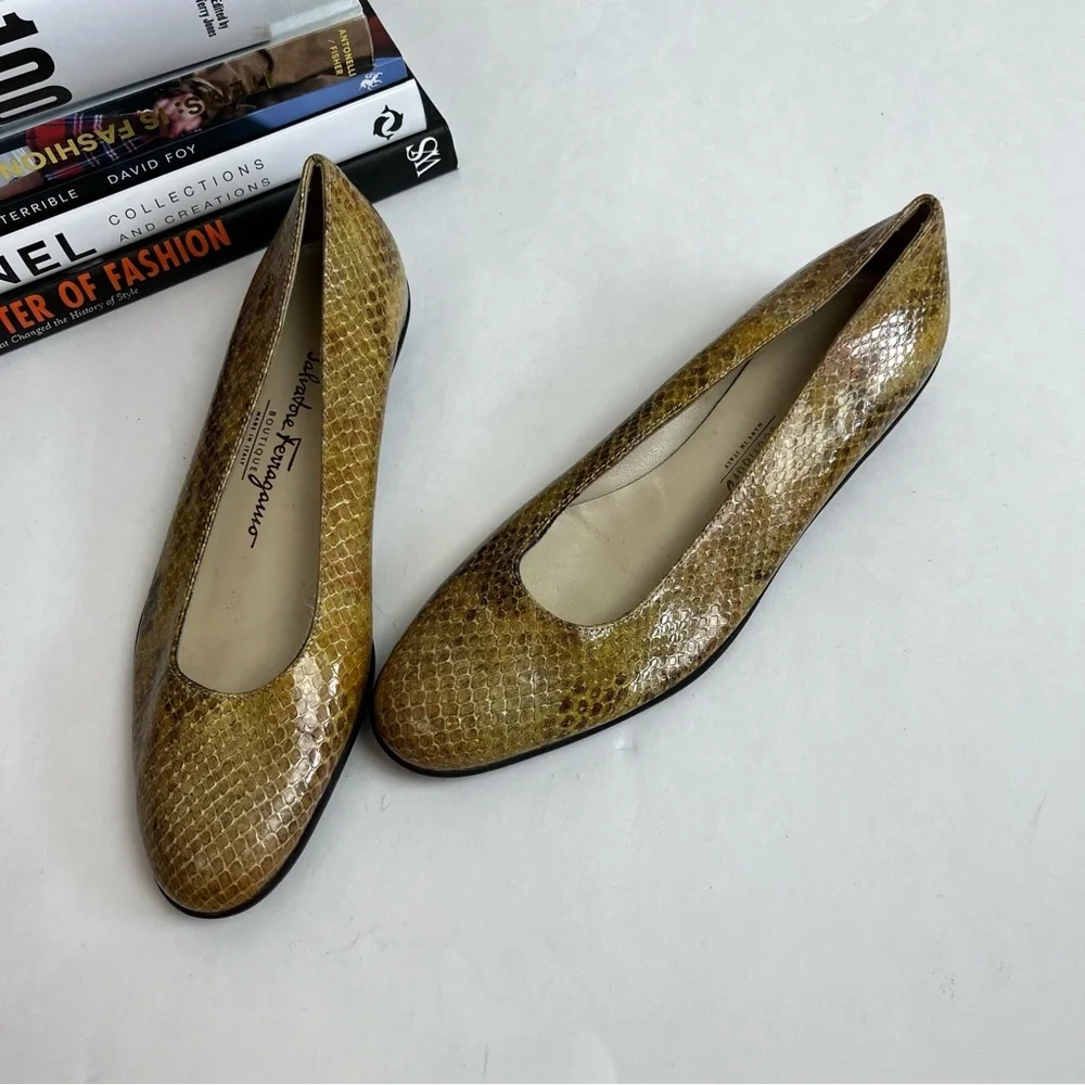 Salvatore Ferragamo Snakeskin Ballet Flats Brown Yellow Size 6B